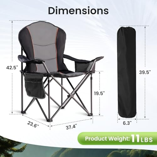 Oversized Camping Chair Heavy Duty 500LB - Portable Folding Chair with Cooler Bag, Cup Holder & Waterproof Phone Case for Adults, Beach, Hiking, Backyard (Black & Gray) - Image 3