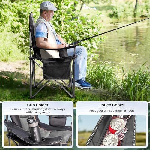 Oversized Camping Chair Heavy Duty 500LB - Portable Folding Chair with Cooler Bag, Cup Holder & Waterproof Phone Case for Adults, Beach, Hiking, Backyard (Black & Gray) - Image 4