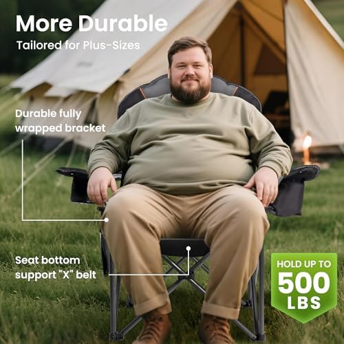 Oversized Camping Chair Heavy Duty 500LB - Portable Folding Chair with Cooler Bag, Cup Holder & Waterproof Phone Case for Adults, Beach, Hiking, Backyard (Black & Gray) - Image 5