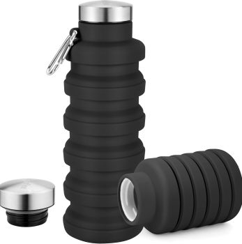 Collapsible Water Bottles 17oz, Portable Leak-Proof Travel Water Bottle, Reuseable BPA Free Silicone Foldable Water Bottle with Carabiner for Gym, Traveling, Camping, Hiking, Sports-Black