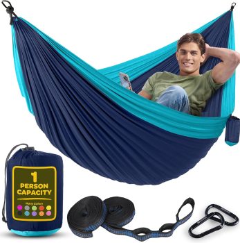 Durable Hammock 400 lb Capacity, Nylon Camping Hammock Chair – Double or Single Sizes w/Tree Straps and Attached Carry Bag – Portable for Travel/Backpacking/Beach/Backyard (Medium, Blue & Light Blue)