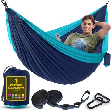 Durable Hammock 400 lb Capacity, Nylon Camping Hammock Chair – Double or Single Sizes w/Tree Straps and Attached Carry Bag – Portable for Travel/Backpacking/Beach/Backyard (Medium, Blue & Light Blue)