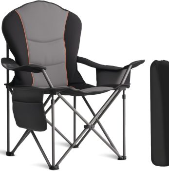 Oversized Camping Chair Heavy Duty 500LB – Portable Folding Chair with Cooler Bag, Cup Holder & Waterproof Phone Case for Adults, Beach, Hiking, Backyard (Black & Gray)