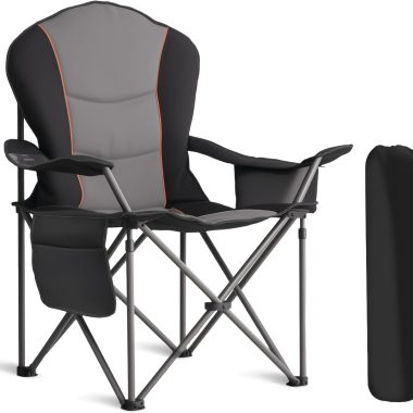 Oversized Camping Chair Heavy Duty 500LB – Portable Folding Chair with Cooler Bag, Cup Holder & Waterproof Phone Case for Adults, Beach, Hiking, Backyard (Black & Gray)